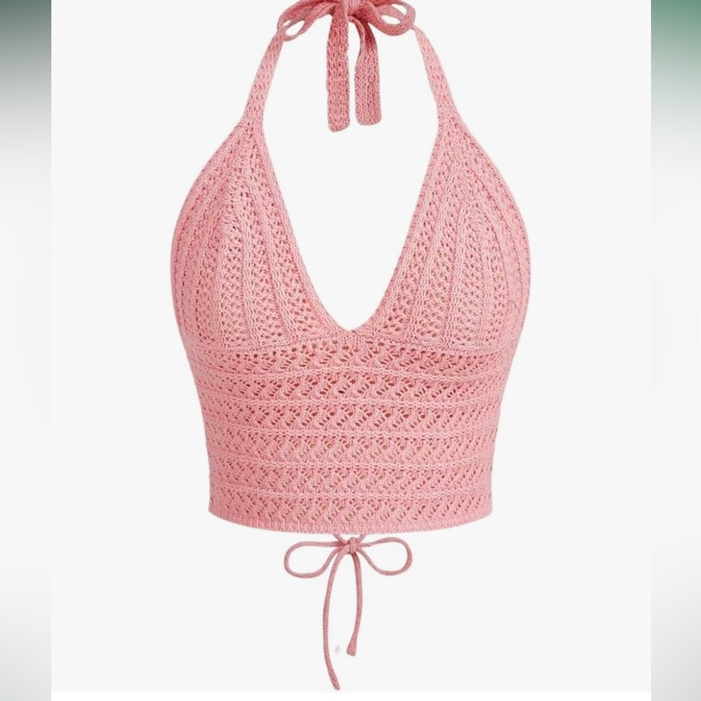 NWT Romwe pink halter crochet lace up back sexy knit top sz L